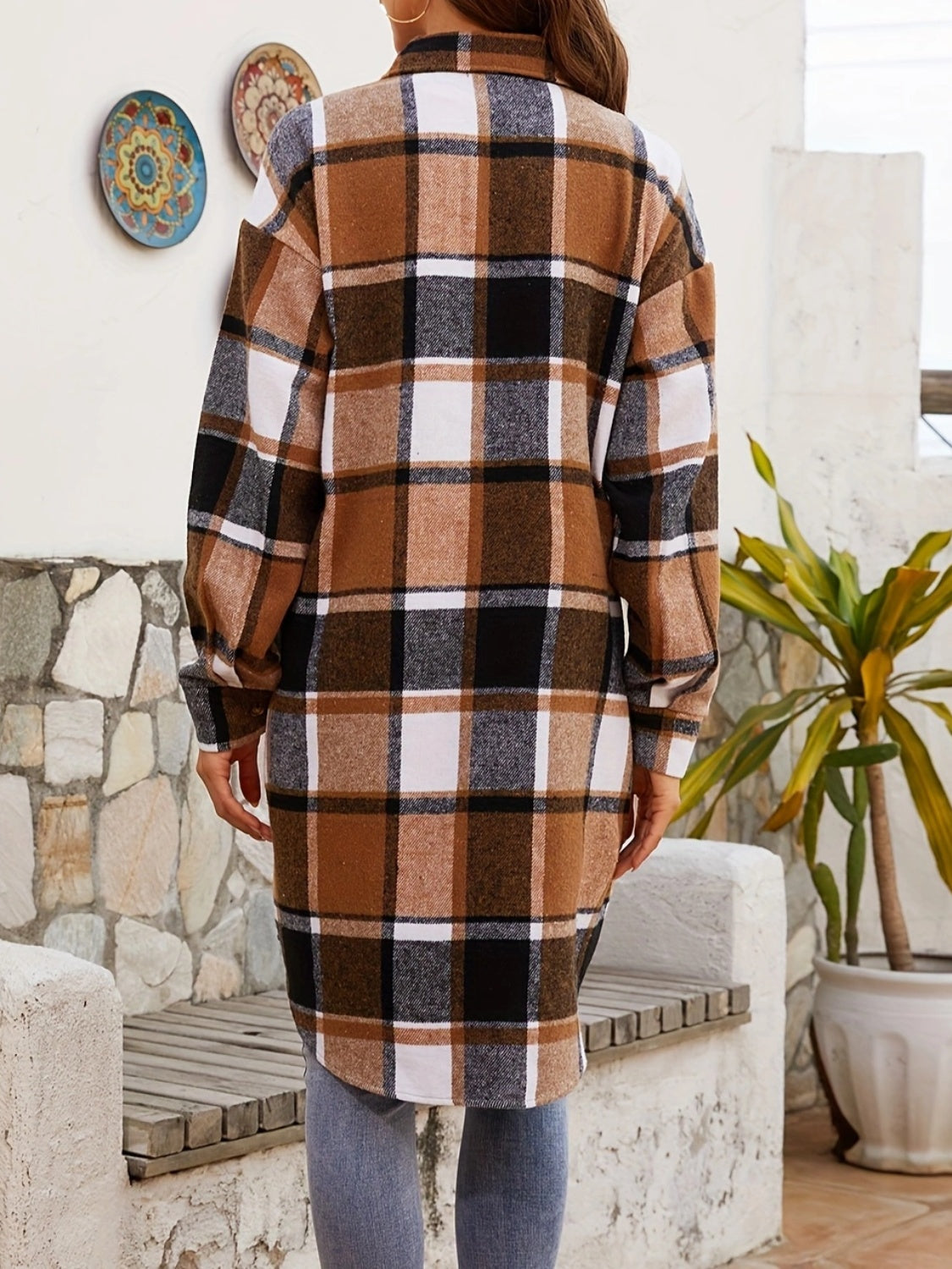 Plaid Collared Neck Long Sleeve Jacket-TOPS / DRESSES-[Adult]-[Female]-2022 Online Blue Zone Planet