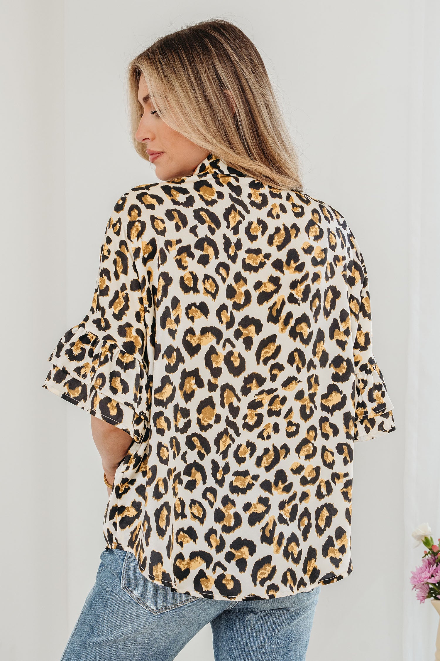 Khaki Leopard Print Ruffle Trim 3/4 Sleeve Loose Shirt-Tops/Blouses & Shirts-[Adult]-[Female]-2022 Online Blue Zone Planet