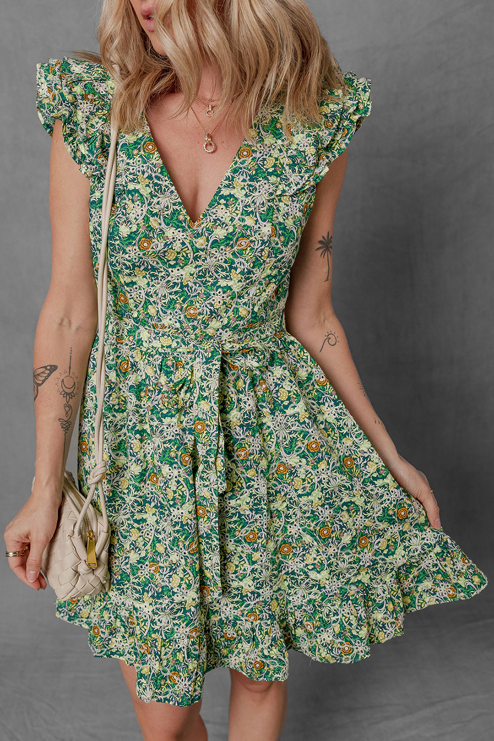 Green Flower Print Flutter Sleeve V Neck Sashed Ruffled Mini Dress-TOPS / DRESSES-[Adult]-[Female]-2022 Online Blue Zone Planet