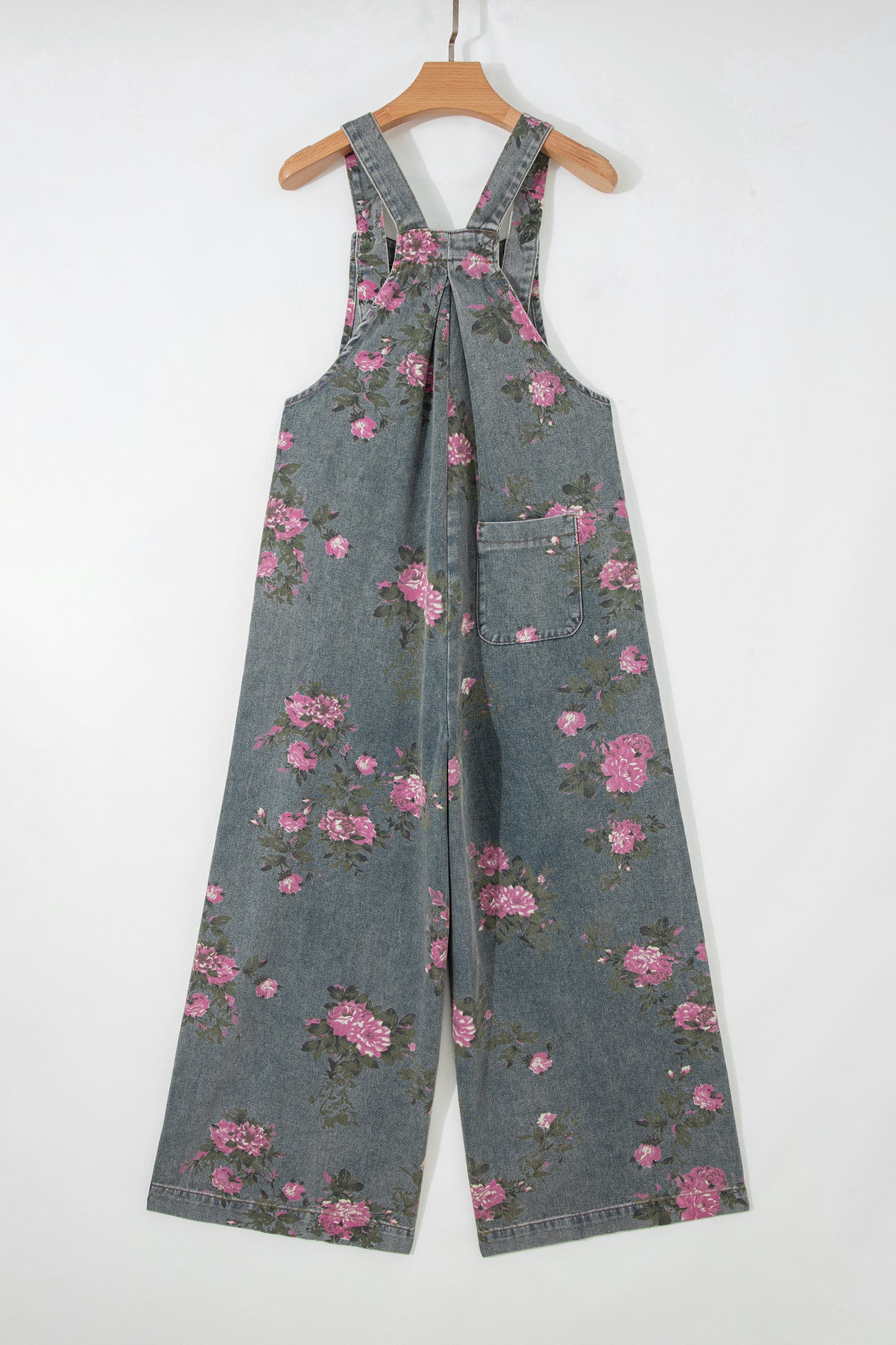 Blue Beau Floral Print Pleated High Waist Wide Leg Denim Jumpsuit-Bottoms/Jumpsuits & Rompers-[Adult]-[Female]-2022 Online Blue Zone Planet