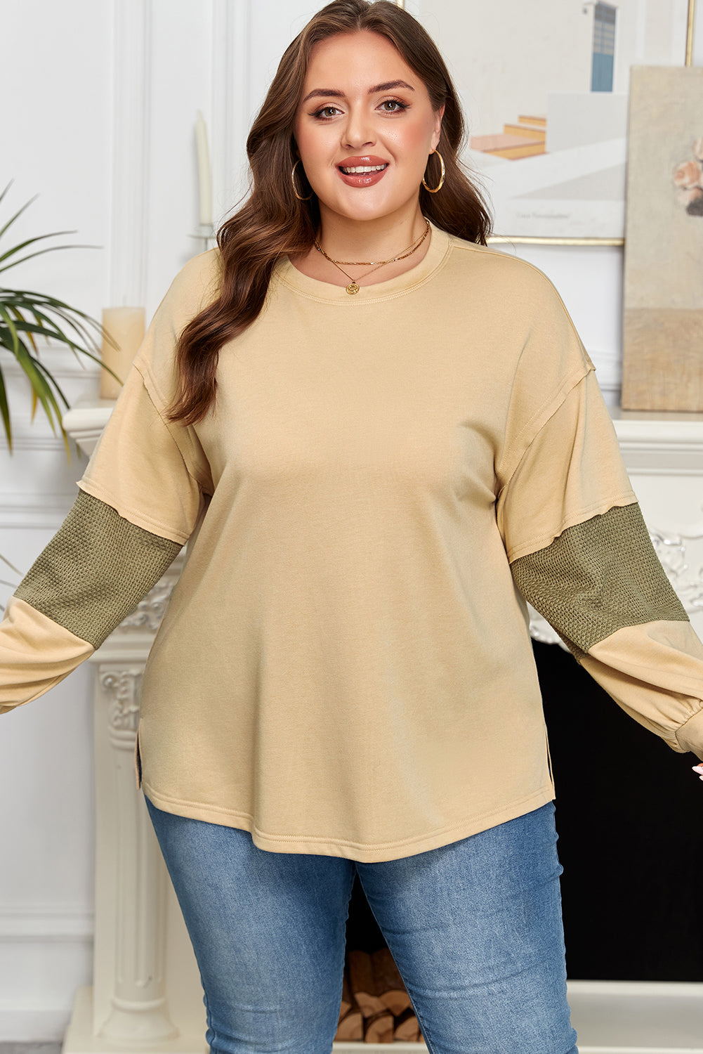 Laurel Green Exposed Seam Contrast Texture Patchwork Plus Size Drop Shoulder Pullover-Plus Size/Plus Size Tops/Plus Size Long Sleeve Tops-[Adult]-[Female]-2022 Online Blue Zone Planet