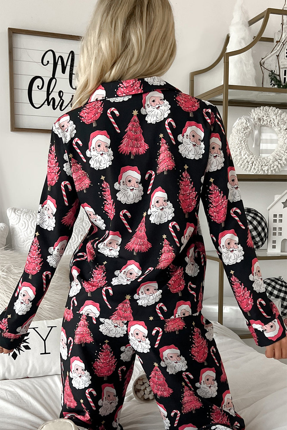 Black Christmas Santa Printed Two Piece Pajamas Set-Loungewear & Sleepwear/Sleepwear-[Adult]-[Female]-2022 Online Blue Zone Planet