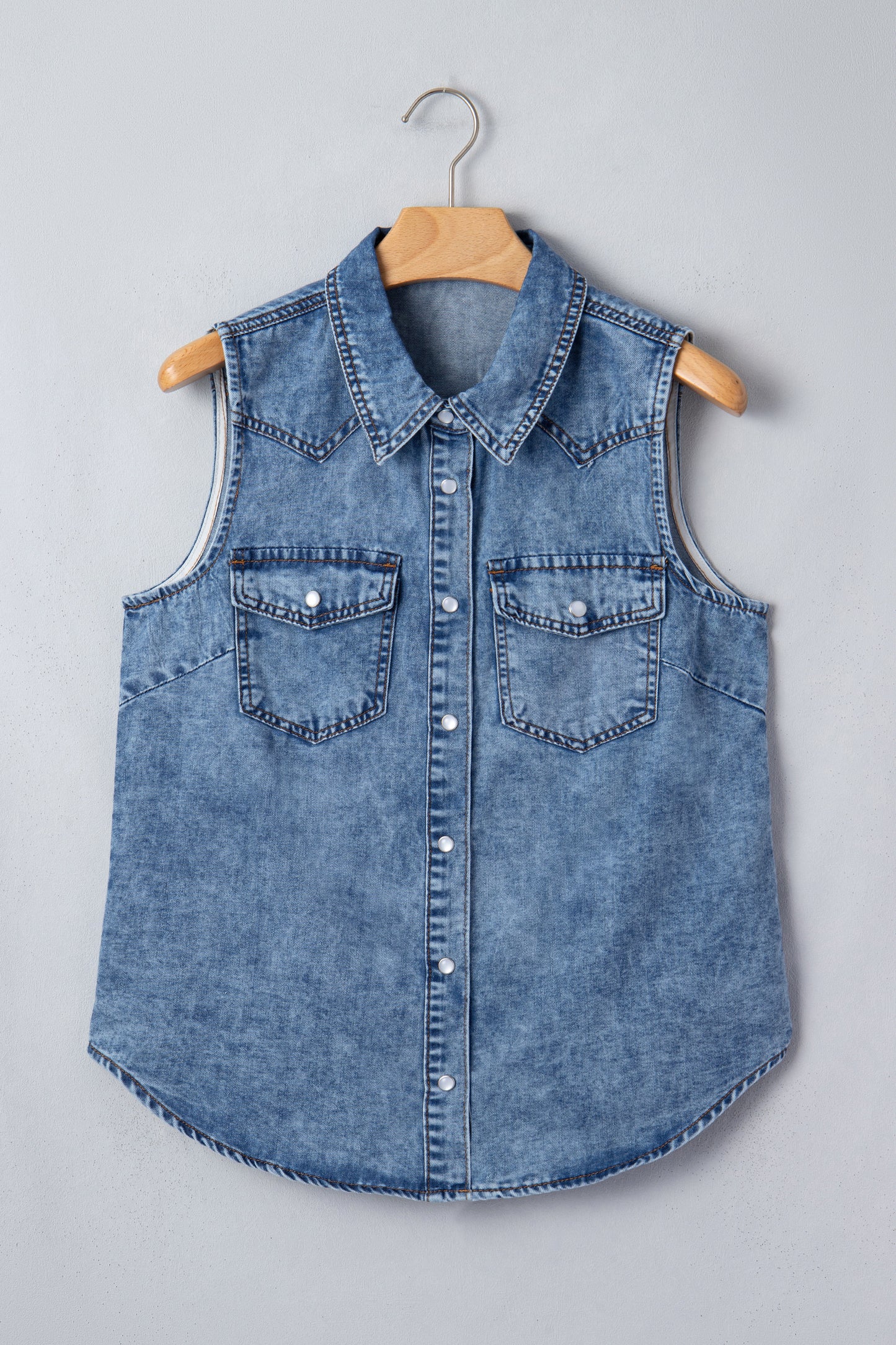 Dusk Blue Buttoned Front Collared Sleeveless Denim Vest-Tops/Tank Tops-[Adult]-[Female]-2022 Online Blue Zone Planet