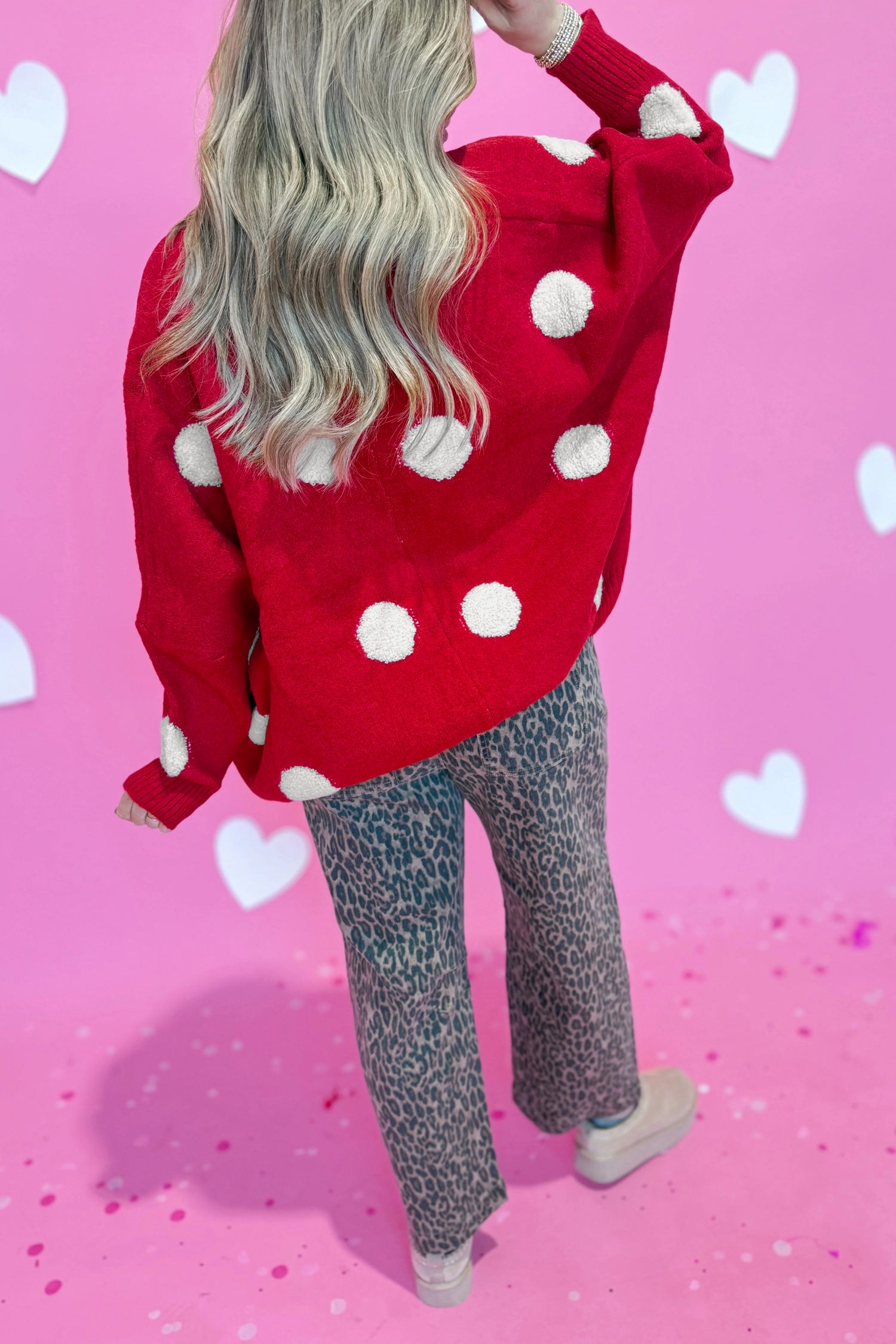 Beige Polka Dot Button Front Oversized V Neck Cardigan-Sweaters & Cardigans/Cardigans-[Adult]-[Female]-2022 Online Blue Zone Planet
