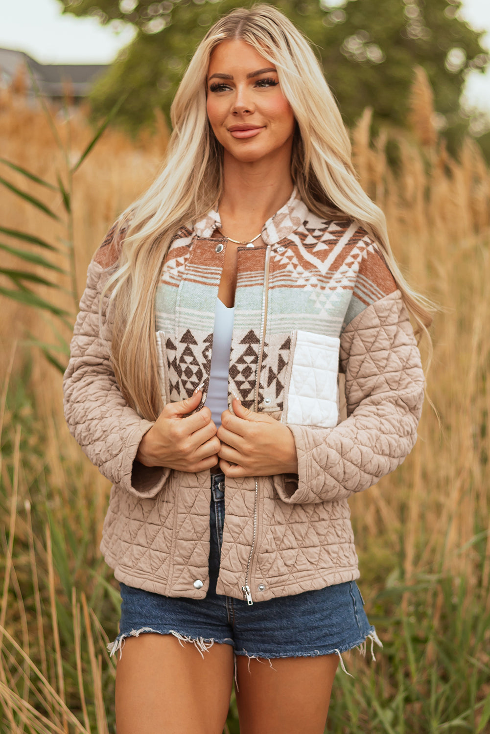 Light French Beige Aztec Quilted Patchwork Western Fashion Jacket-Outerwear/Jackets-[Adult]-[Female]-2022 Online Blue Zone Planet