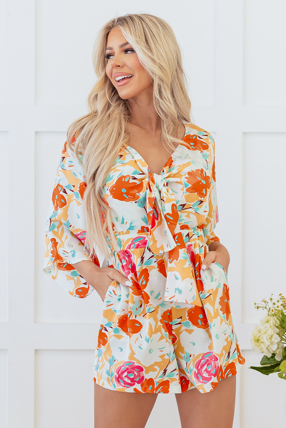 Blue Zone Planet | Orange Blooming Floral Print Front Tie Romper-Bottoms/Jumpsuits & Rompers-[Adult]-[Female]-2022 Online Blue Zone Planet