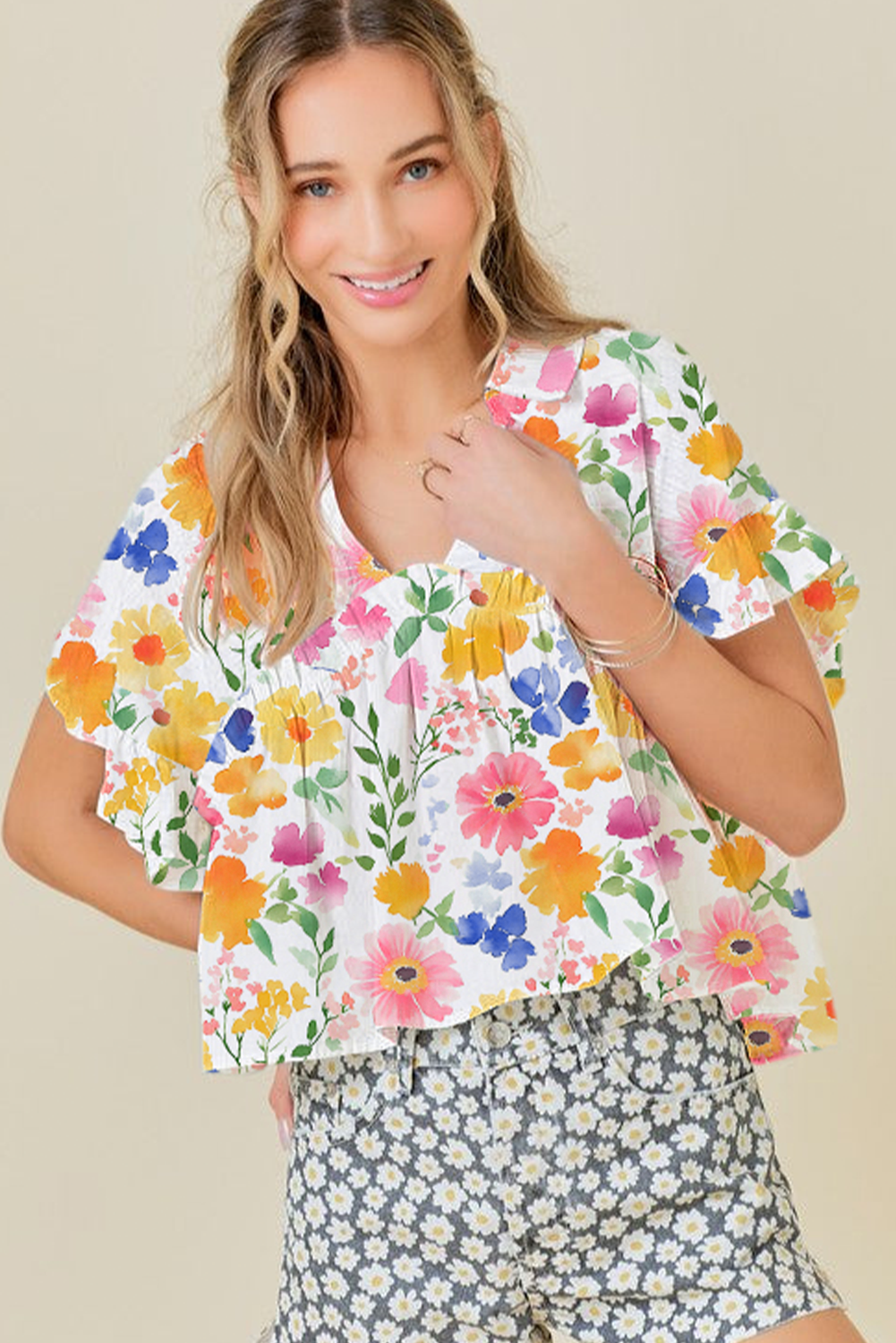 Yellow Floral Boxy Fit Ruffled Short Sleeve V Neck Blouse-Tops/Blouses & Shirts-[Adult]-[Female]-2022 Online Blue Zone Planet