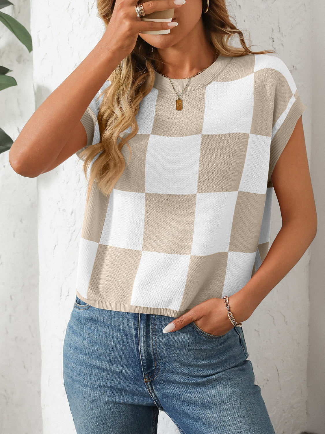 Mandy Checkered Round Neck Cap Sleeve Knit Top-TOPS / DRESSES-[Adult]-[Female]-Khaki-S-2022 Online Blue Zone Planet