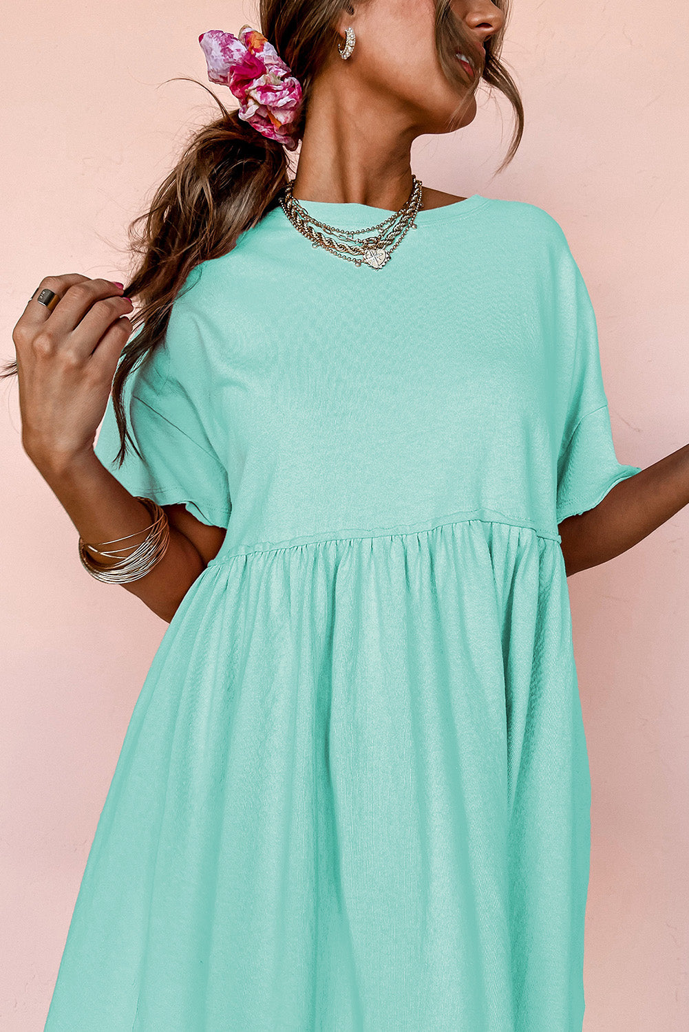 Moonlight Jade Solid Color Pocketed Raw Edge Babydoll Dress-Dresses/Mini Dresses-[Adult]-[Female]-2022 Online Blue Zone Planet