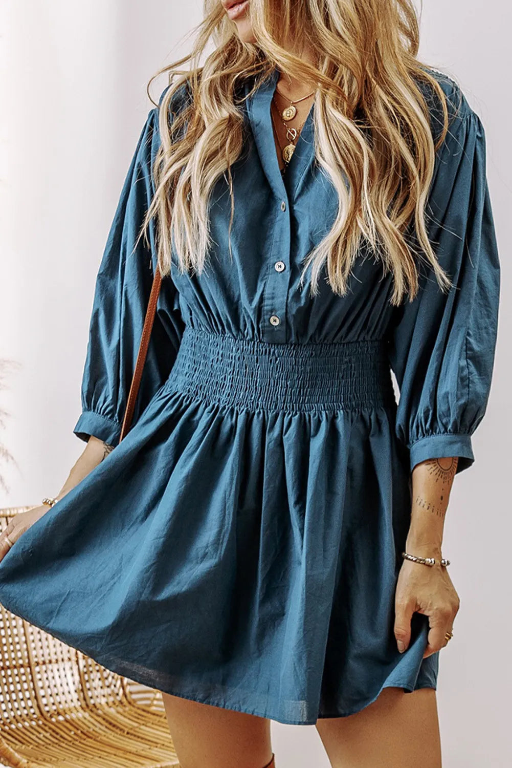 Smocked Half Button Three-Quarter Sleeve Mini Dress-TOPS / DRESSES-[Adult]-[Female]-2022 Online Blue Zone Planet