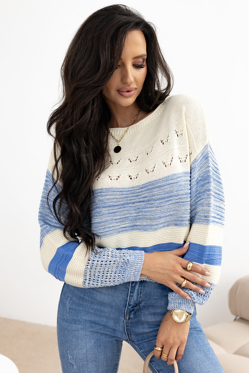 Light Blue Open Stitch Puff Sleeve Sweater-Sweaters & Cardigans/Sweaters-[Adult]-[Female]-2022 Online Blue Zone Planet