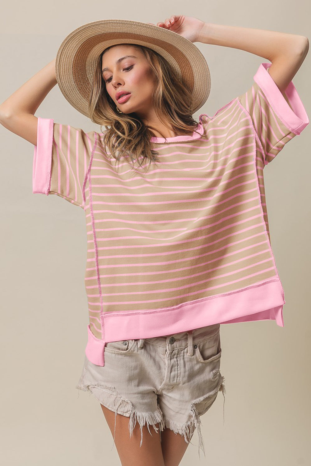 BiBi Exposed Seam Stripe Contrast T-Shirt-TOPS / DRESSES-[Adult]-[Female]-Taupe/Blush-S-2022 Online Blue Zone Planet