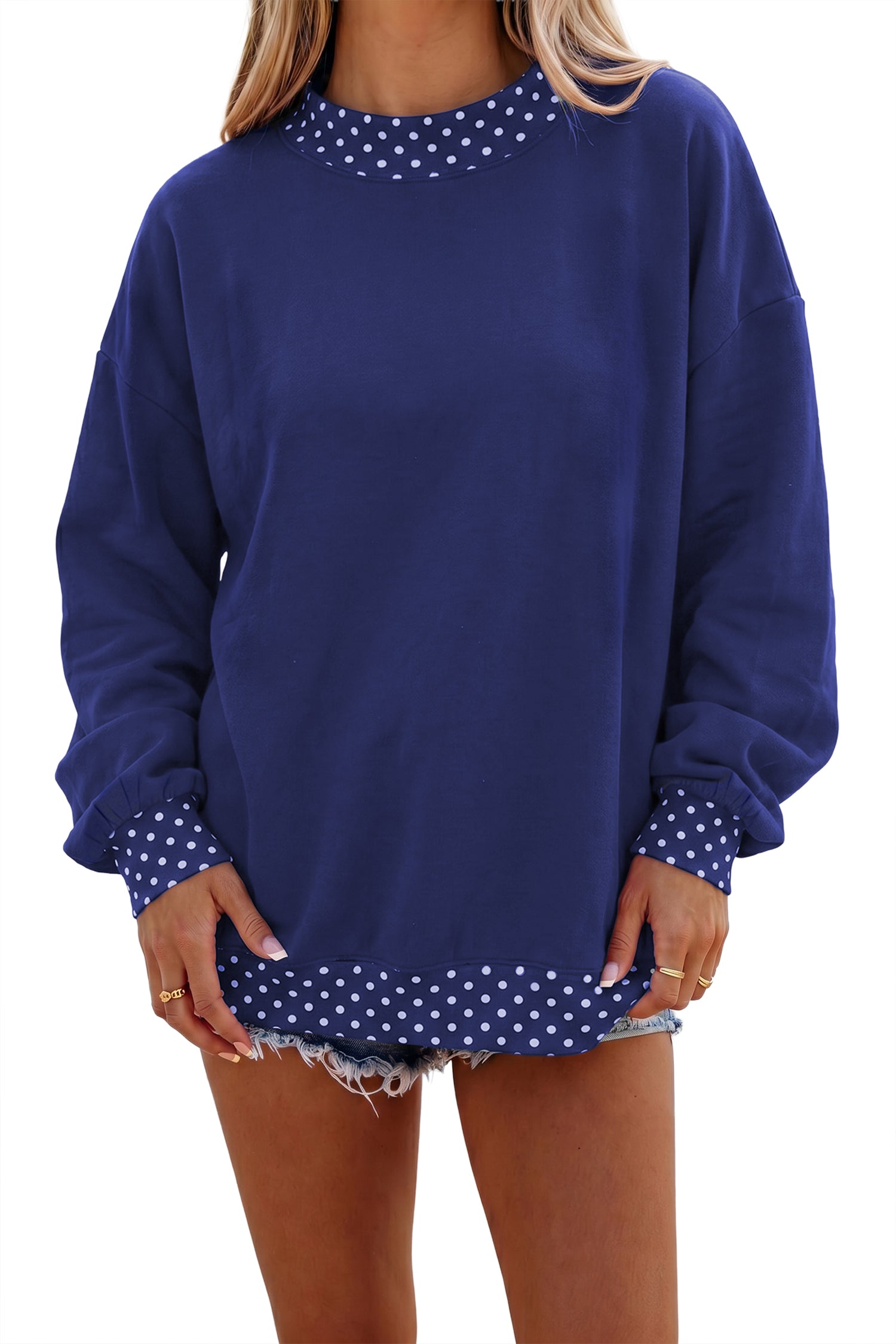 Dirty blue Colorblock Polka Dot Contrast Trim Oversized Sweatshirt-Tops/Sweatshirts & Hoodies-[Adult]-[Female]-2022 Online Blue Zone Planet