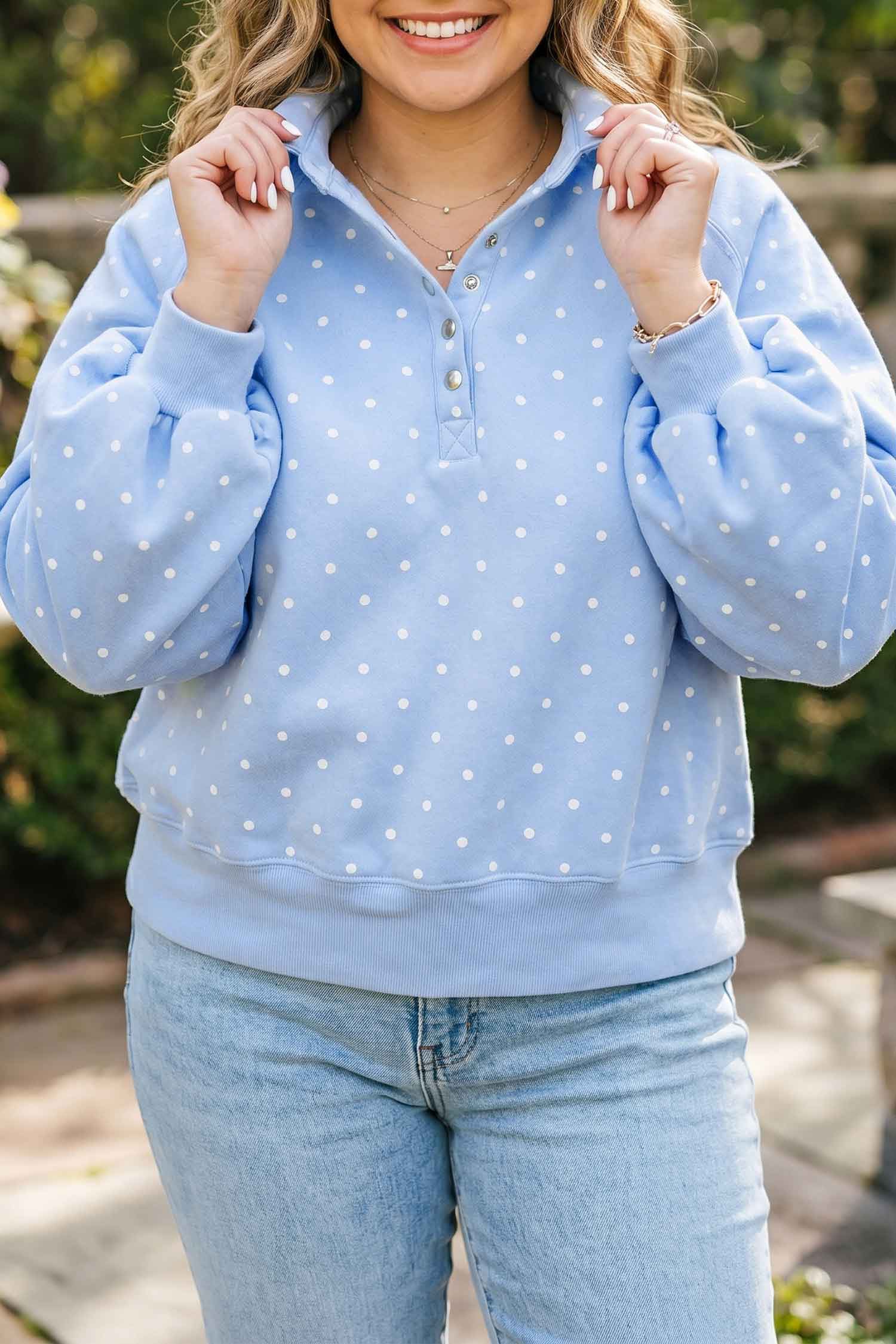 Sky Blue Polka Dot V Neck Metal Button Long Sleeve Shift Plus Size Sweatshirt-Plus Size/Plus Size Sweatshirts & Hoodies-[Adult]-[Female]-Sky Blue-1X-2022 Online Blue Zone Planet