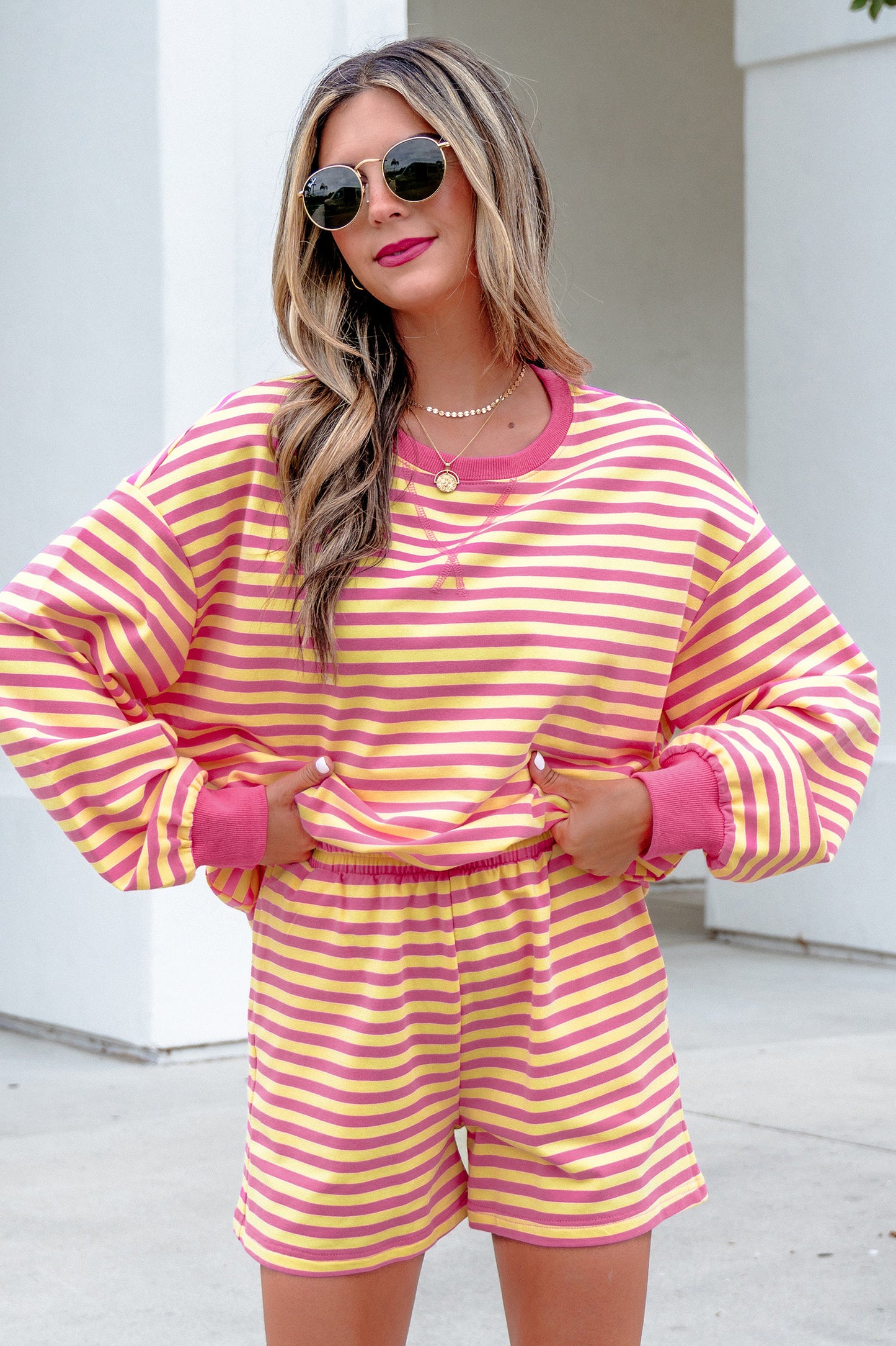 Yellow Stripe Color Block Trim Round Neck Long Sleeve Top Casual Shorts 2pcs Set-Two Piece Sets/Short Sets-[Adult]-[Female]-2022 Online Blue Zone Planet