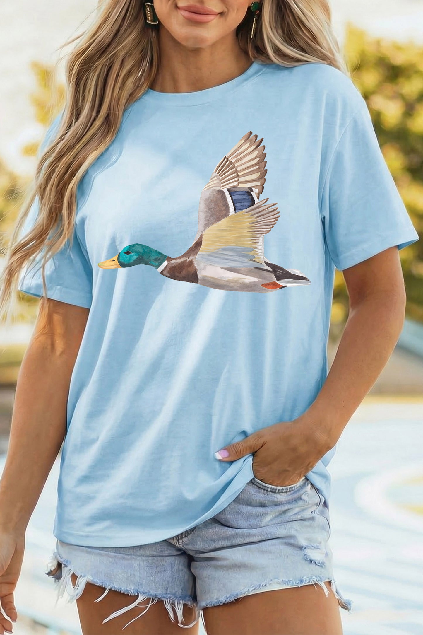 Light Blue Flying Mallard Print Western Graphic Tee-Graphic/Graphic Tees-[Adult]-[Female]-2022 Online Blue Zone Planet