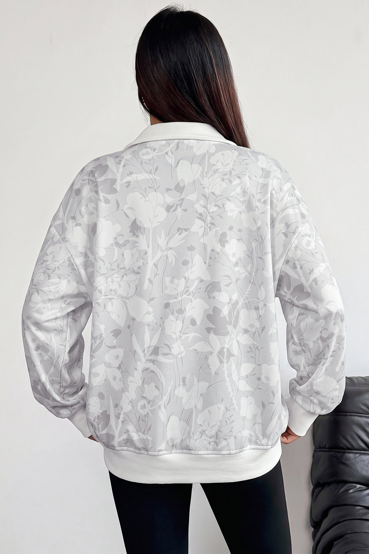 Gray Floral Print Quarter Zip Stand Neck Long Sleeve Sweatshirt-Tops/Sweatshirts & Hoodies-[Adult]-[Female]-2022 Online Blue Zone Planet