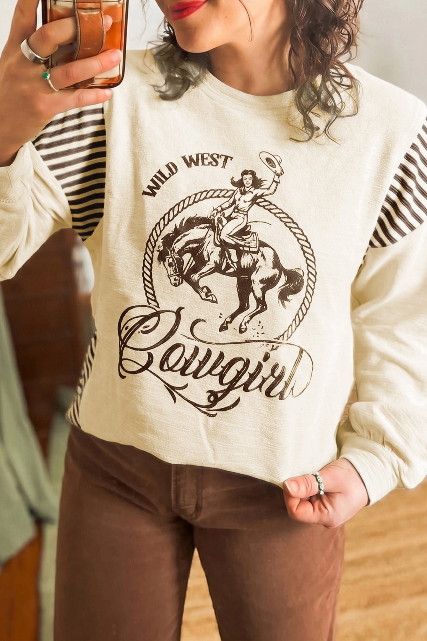Jet Stream Western Print Striped Detail Long Sleeve Casual Top-Tops/Long Sleeve Tops-[Adult]-[Female]-2022 Online Blue Zone Planet