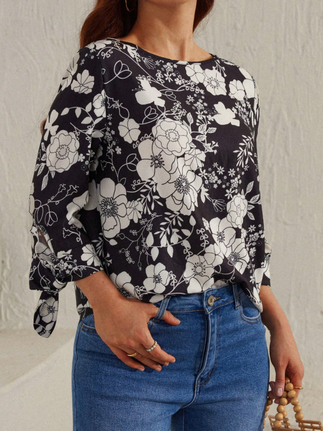 Printed Round Neck Three-Quarter Sleeve Blouse-TOPS / DRESSES-[Adult]-[Female]-2022 Online Blue Zone Planet