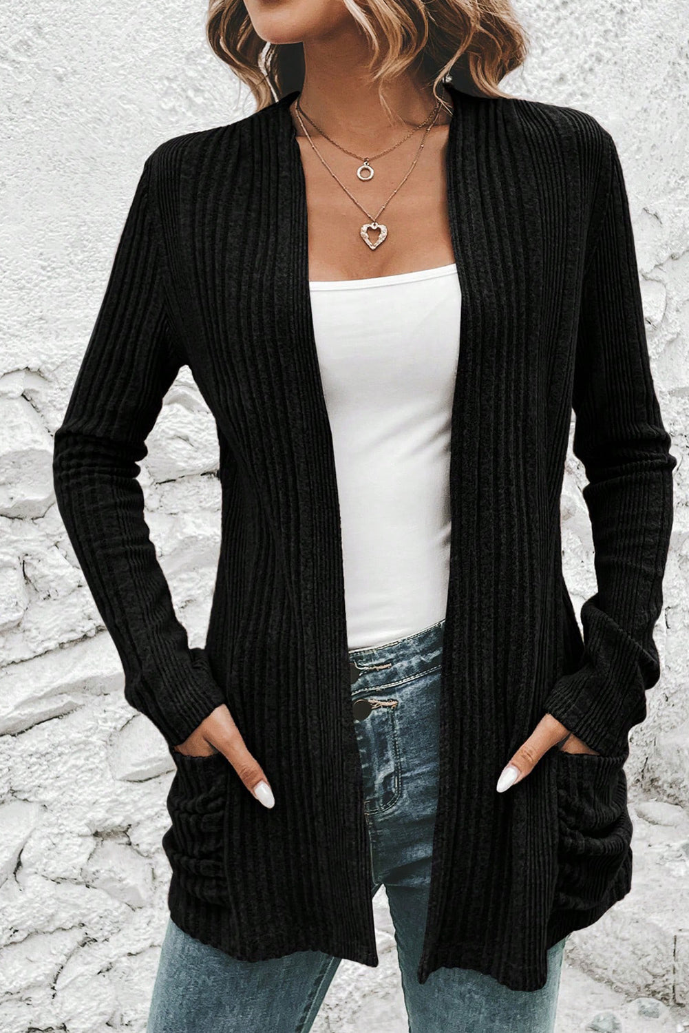 Black Ribbed Open Front Knitted Top with Pockets-Sweaters & Cardigans/Cardigans-[Adult]-[Female]-2022 Online Blue Zone Planet