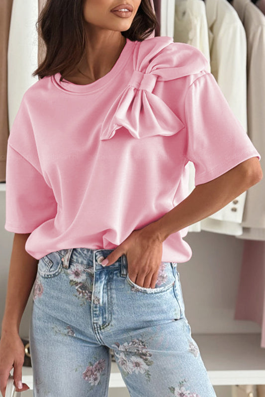 Pink Bow Applique Half Sleeve T-Shirt-Tops/Tops & Tees-[Adult]-[Female]-Pink-S-2022 Online Blue Zone Planet