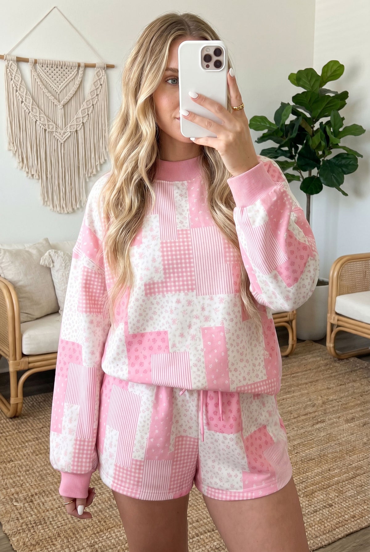 Light Pink Patchwork Floral Print Drop Shoulder Baggy Pullover Drawstring Shorts Set-Two Piece Sets/Short Sets-[Adult]-[Female]-2022 Online Blue Zone Planet