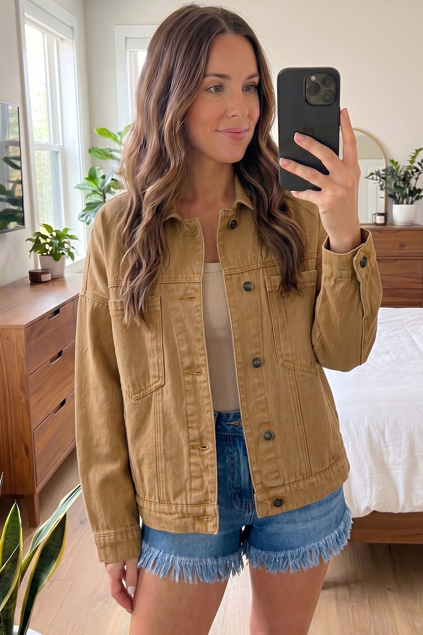 honey gold Metal Button Front Long Sleeve Collar Denim Jacket-Outerwear/Denim jackets-[Adult]-[Female]-2022 Online Blue Zone Planet