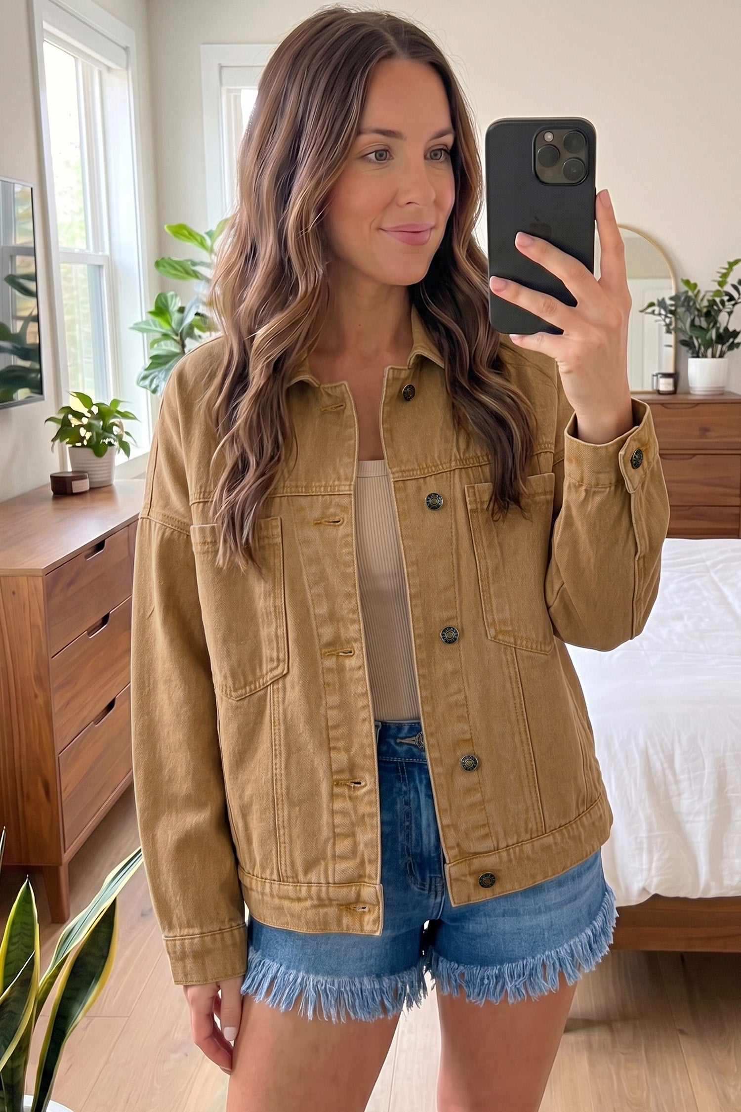 honey gold Metal Button Front Long Sleeve Collar Denim Jacket-Outerwear/Denim jackets-[Adult]-[Female]-2022 Online Blue Zone Planet
