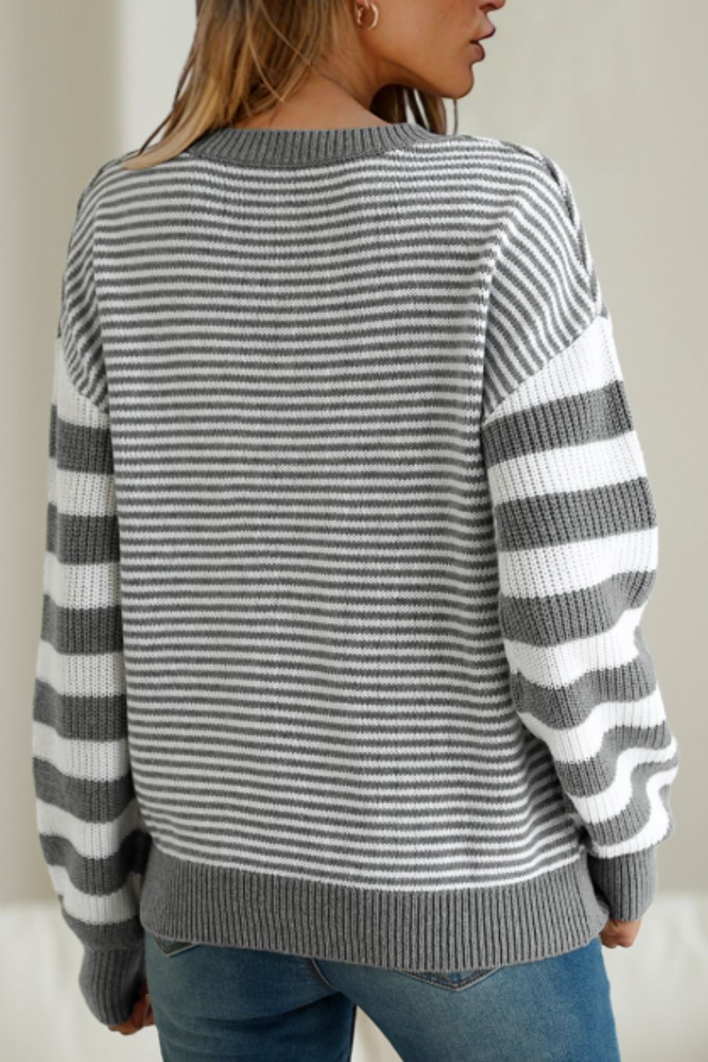 Striped Round Neck Dropped Shoulder Sweater-TOPS / DRESSES-[Adult]-[Female]-2022 Online Blue Zone Planet