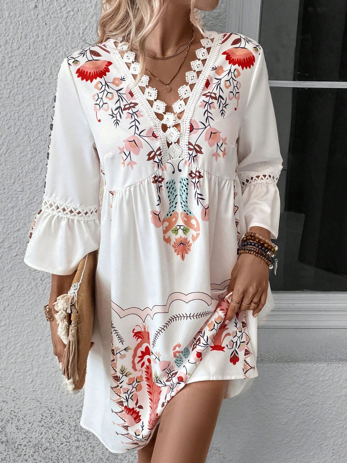 Lace Detail Printed Three-Quarter Sleeve Dress-TOPS / DRESSES-[Adult]-[Female]-Deep Red-S-2022 Online Blue Zone Planet