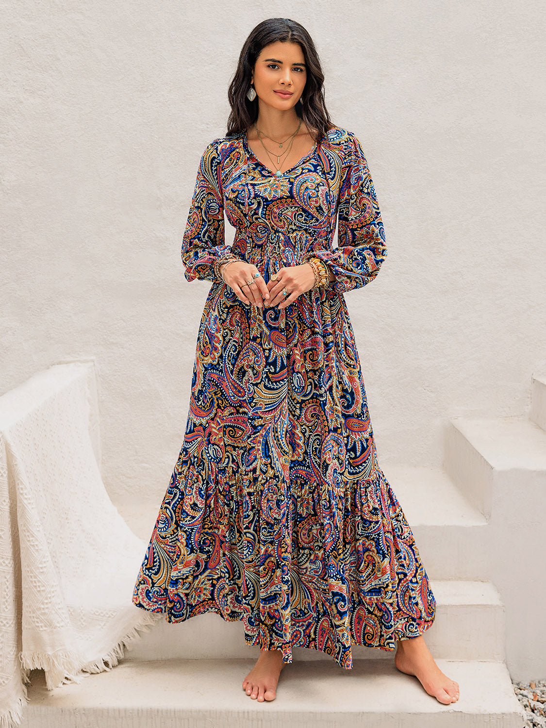 Printed Tie Neck Long Sleeve Midi Dress-TOPS / DRESSES-[Adult]-[Female]-2022 Online Blue Zone Planet