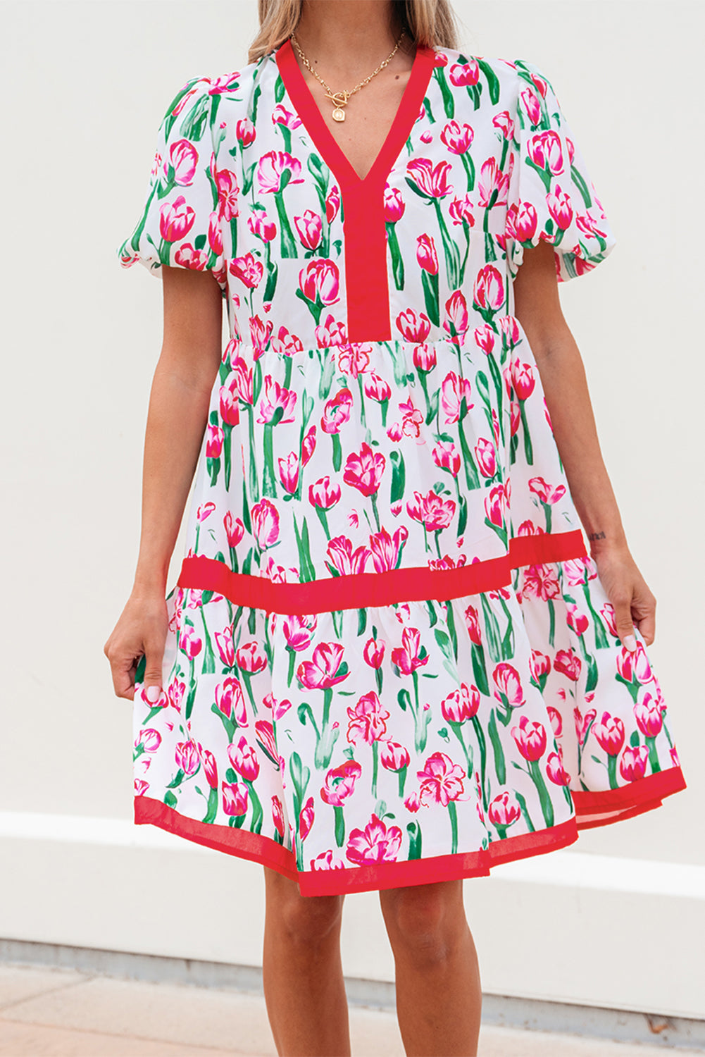 Pink Floral Print Contrast Trim V Neck Bubble Short Sleeve Babydoll Dress-TOPS / DRESSES-[Adult]-[Female]-2022 Online Blue Zone Planet