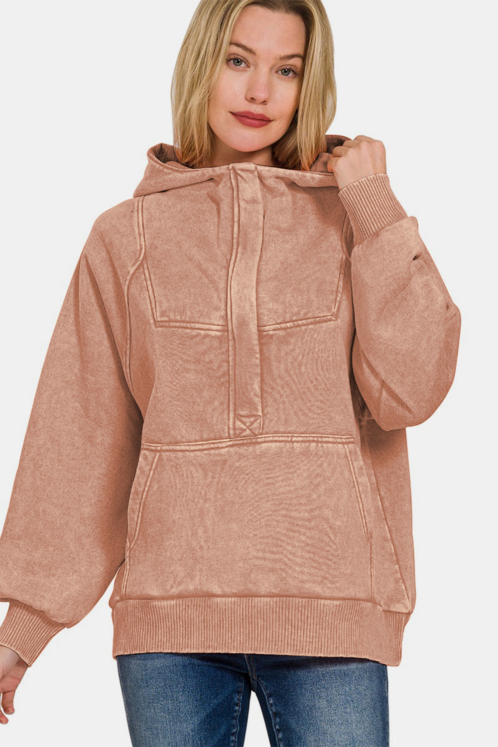 Blue Zone Planet | Zenana Acid Wash Fleece Kangaroo Hoodie-TOPS / DRESSES-[Adult]-[Female]-2022 Online Blue Zone Planet