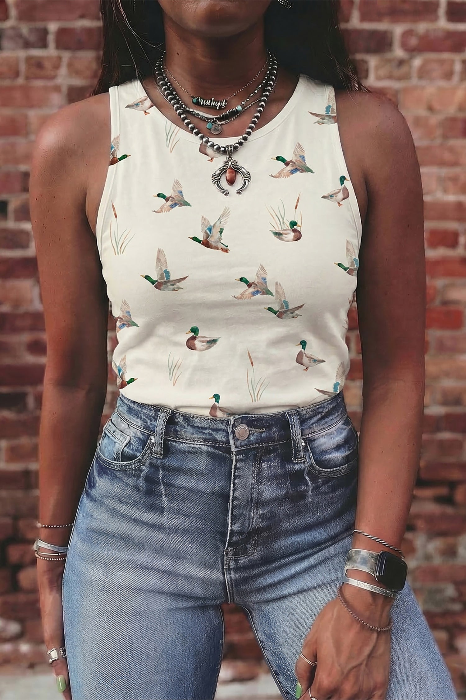 Beige Mallard Print Western Style Tank Top-Tops/Tank Tops-[Adult]-[Female]-Beige-S-2022 Online Blue Zone Planet
