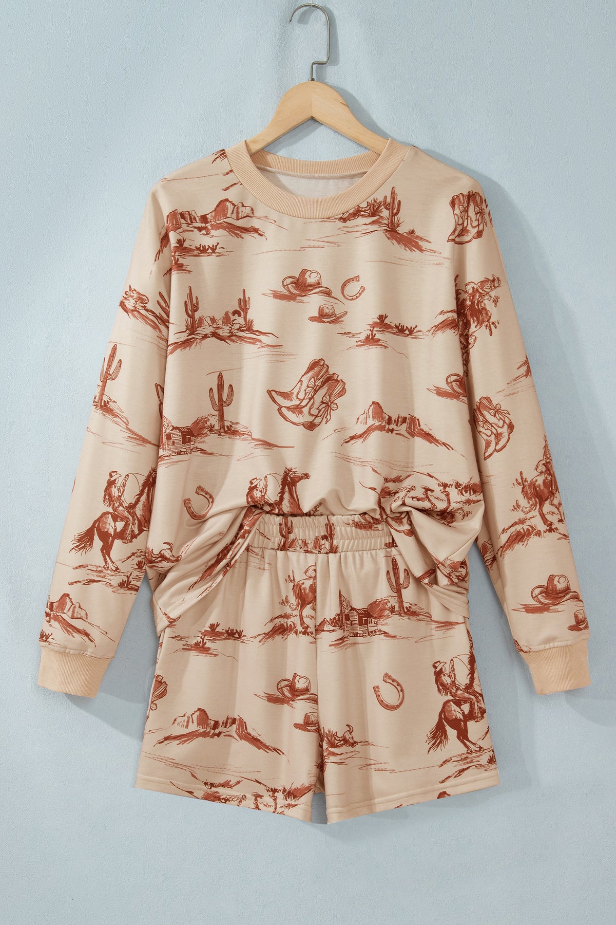 Beige Western Print Loose Fit Long Sleeve Top Short Set-Two Piece Sets/Short Sets-[Adult]-[Female]-2022 Online Blue Zone Planet