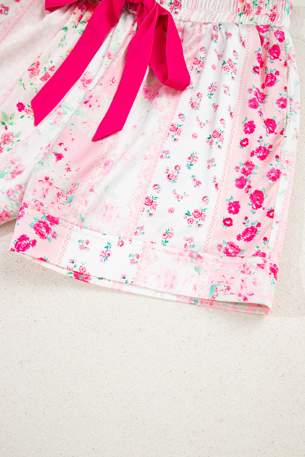 Pink Mixed Floral Print Contrast Piping Trim Satin Tie 2pcs Pajama Set-Loungewear & Sleepwear/Sleepwear-[Adult]-[Female]-2022 Online Blue Zone Planet