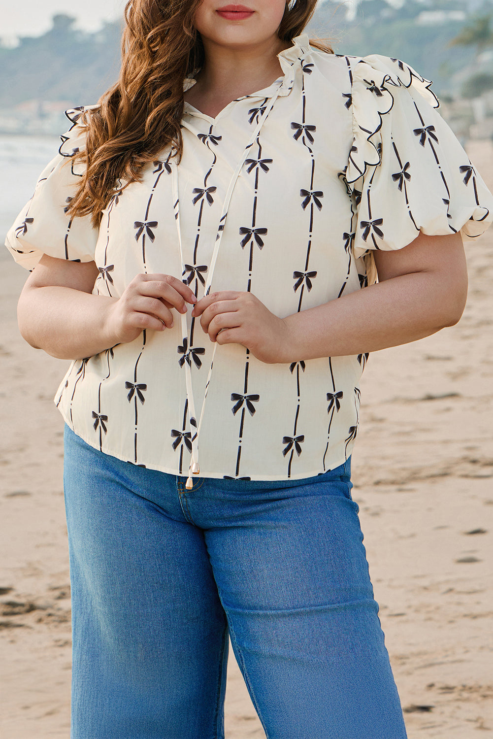 Apricot Bow Printed Ruffled Bubble Sleeve Lace-up Notched Neck Plus Size Blouse-Plus Size/Plus Size Tops/Plus Size Blouses & Shirts-[Adult]-[Female]-2022 Online Blue Zone Planet