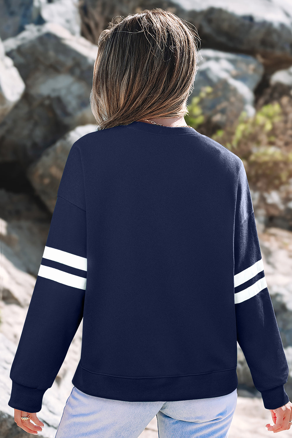 Navy Blue Varsity Striped Detail Drop Shoulder Oversized Sweatshirt-Tops/Sweatshirts & Hoodies-[Adult]-[Female]-2022 Online Blue Zone Planet