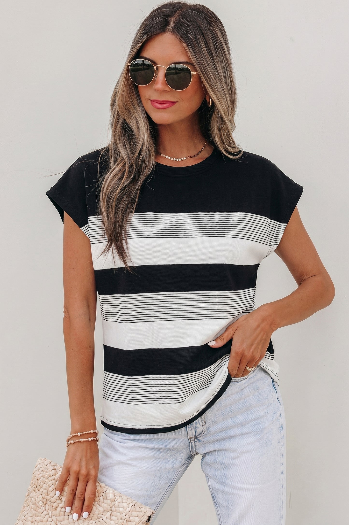 Black Stripe Mixed Print Crew Neck Cap Sleeve T Shirt-Tops/Tops & Tees-[Adult]-[Female]-2022 Online Blue Zone Planet