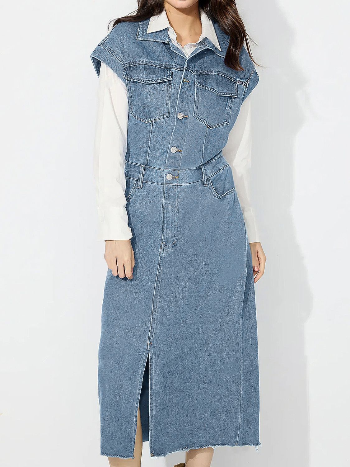 Slit Half Button Collared Neck Cap Sleeve Denim Dress-TOPS / DRESSES-[Adult]-[Female]-2022 Online Blue Zone Planet