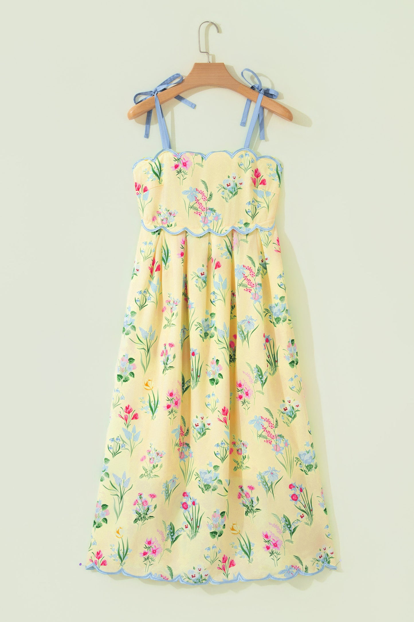 Beige Floral Print Contrast Trim Self-tie Straps High Waist Midi Dress-TOPS / DRESSES-[Adult]-[Female]-2022 Online Blue Zone Planet
