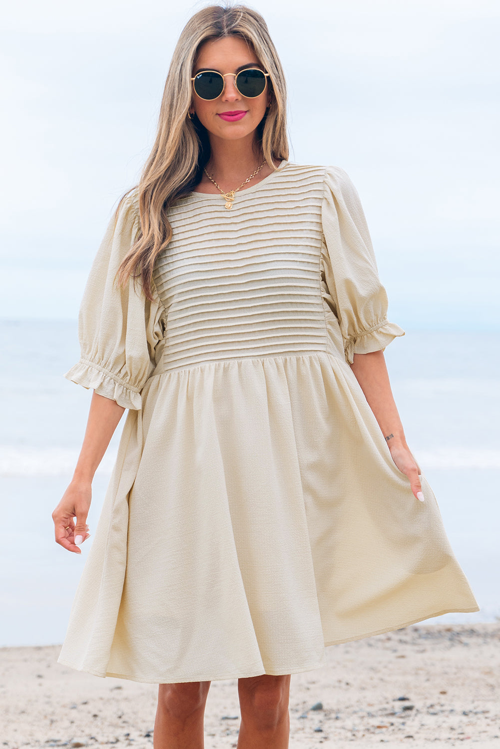 White Textured Ruffled Puff Sleeve Loose Dress-TOPS / DRESSES-[Adult]-[Female]-2022 Online Blue Zone Planet