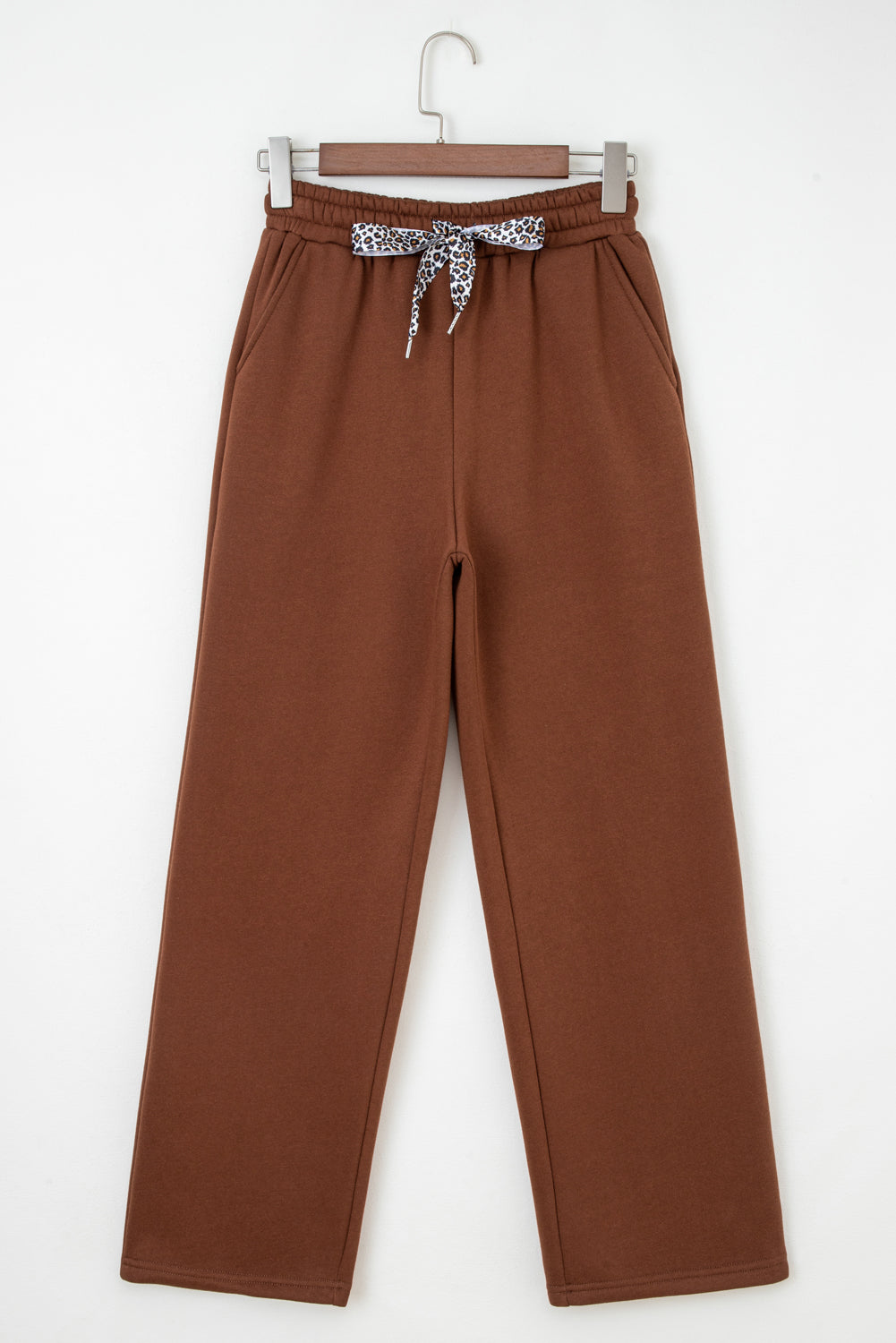 Coffee Fleece Lined Leopard Drawstring Elastic Waist Solid Pants-Bottoms/Pants & Culotte-[Adult]-[Female]-2022 Online Blue Zone Planet