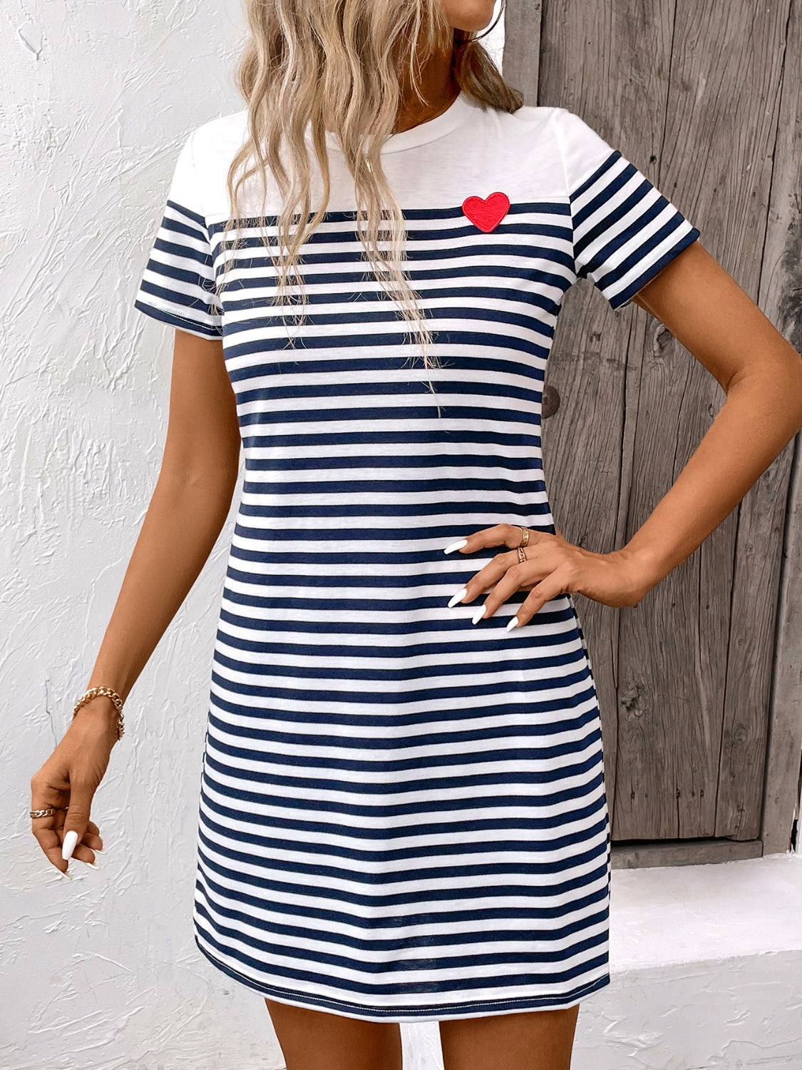 Striped Round Neck Short Sleeve Mini Dress-TOPS / DRESSES-[Adult]-[Female]-Navy-S-2022 Online Blue Zone Planet