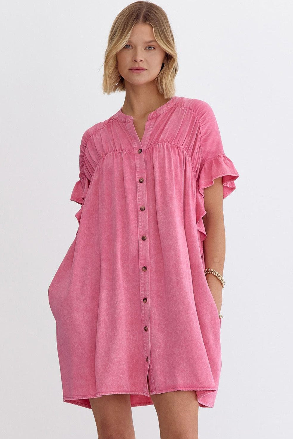 Blue Zone Planet |  Pink Ruffled Short Sleeve Buttoned Denim Mini Dress Blue Zone Planet