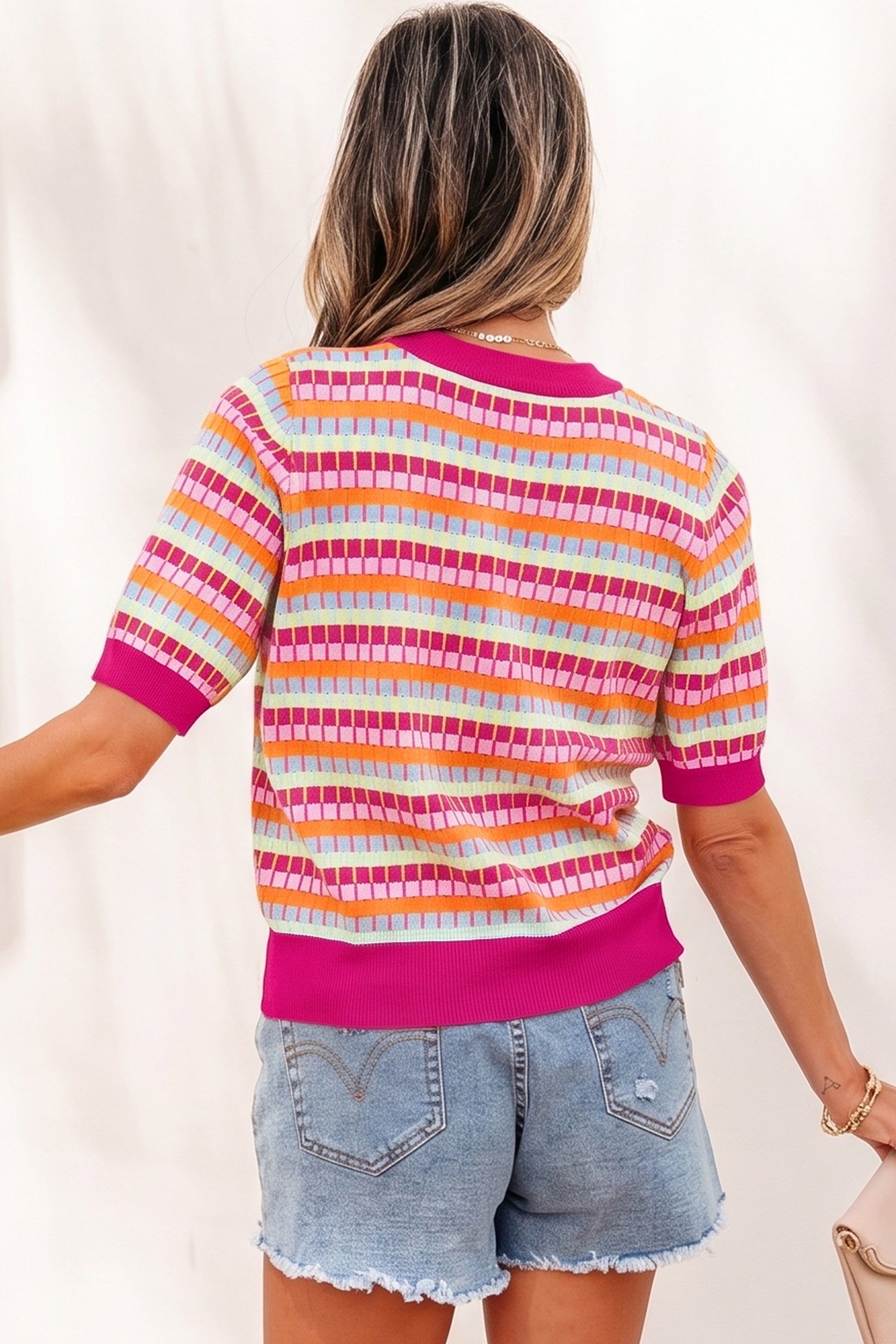Orange Abstract Striped Knit Short Sleeve Sweater-Sweaters & Cardigans/Short Sleeve Sweaters-[Adult]-[Female]-2022 Online Blue Zone Planet