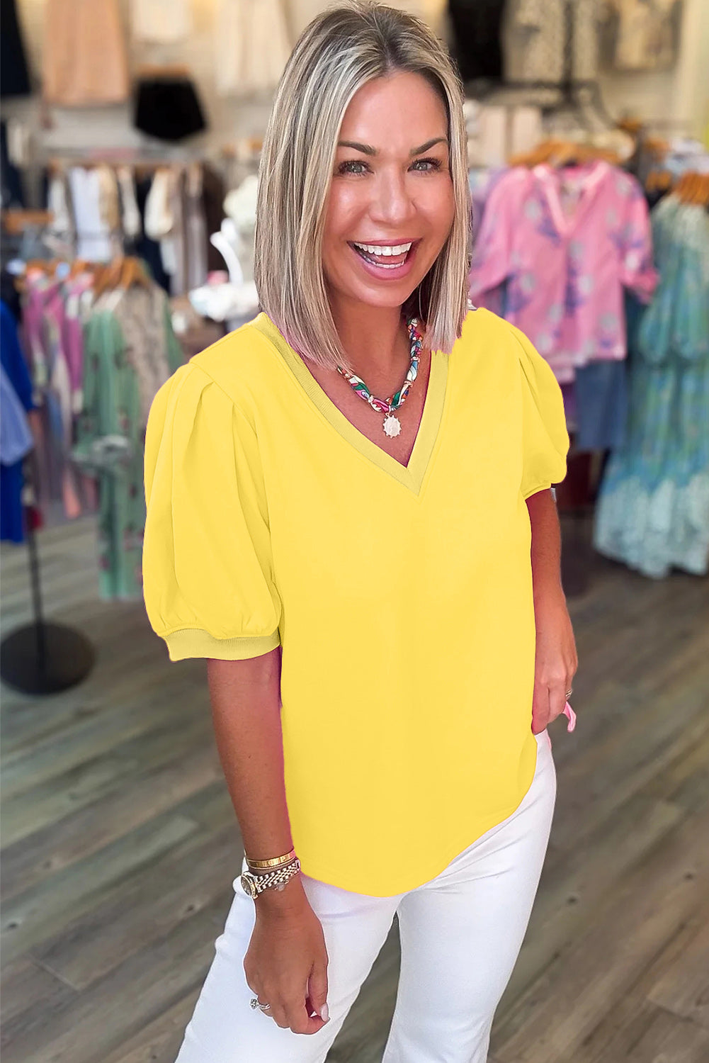 Yellow Solid Color V Neck Short Puff Sleeve Blouse-Tops/Blouses & Shirts-[Adult]-[Female]-2022 Online Blue Zone Planet