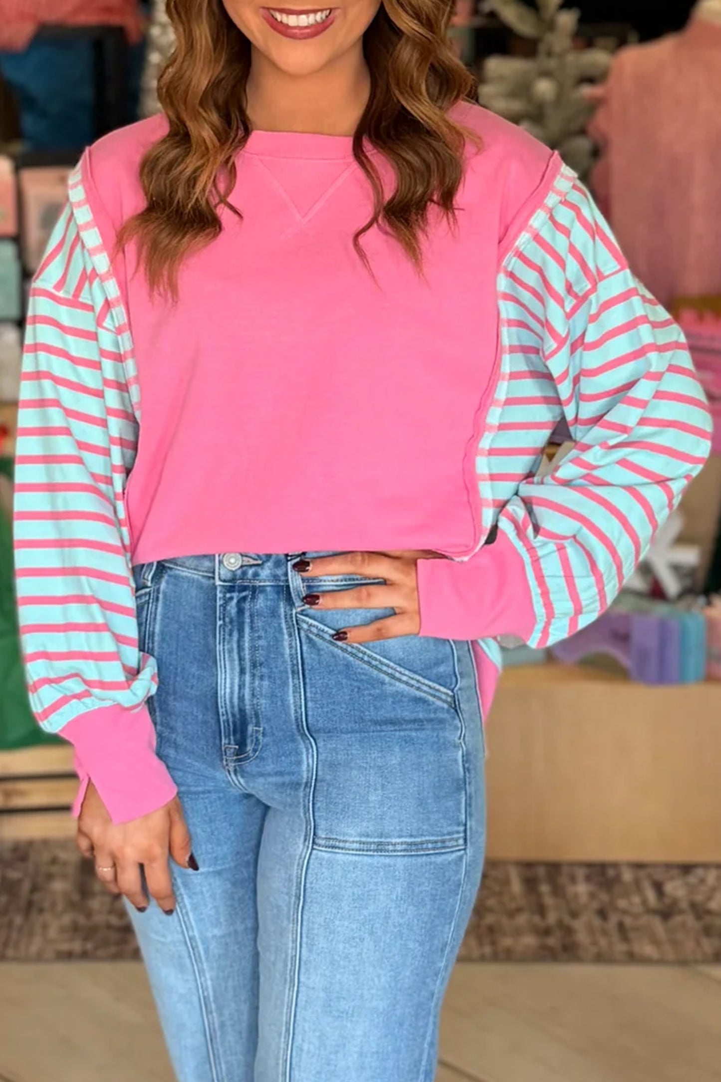 Rose Stripe Color Block Patchwork Relaxed Split Long Sleeve Top