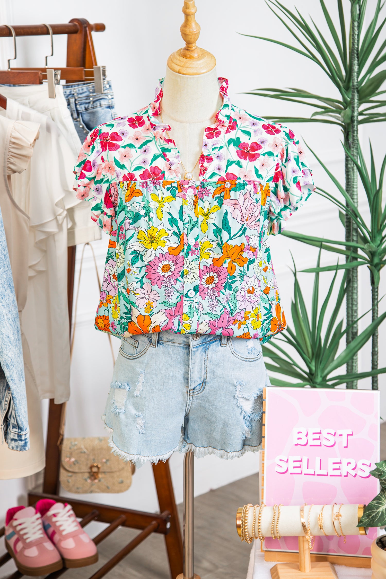 Sky Blue Floral Print Split Neck Button Front Flutter Sleeve Blouse-Tops/Blouses & Shirts-[Adult]-[Female]-2022 Online Blue Zone Planet