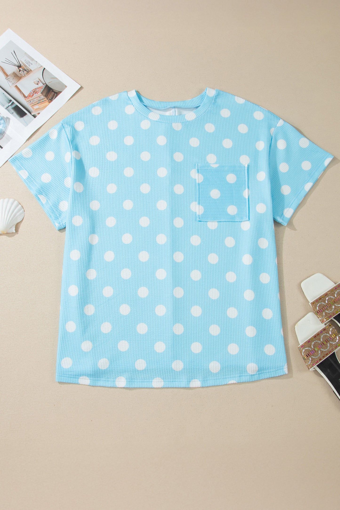 Sky Blue Twisted Rib Polka Dot Print Plus Size T Shirt-Plus Size/Plus Size Tops/Plus Size Tops & Tees-[Adult]-[Female]-2022 Online Blue Zone Planet